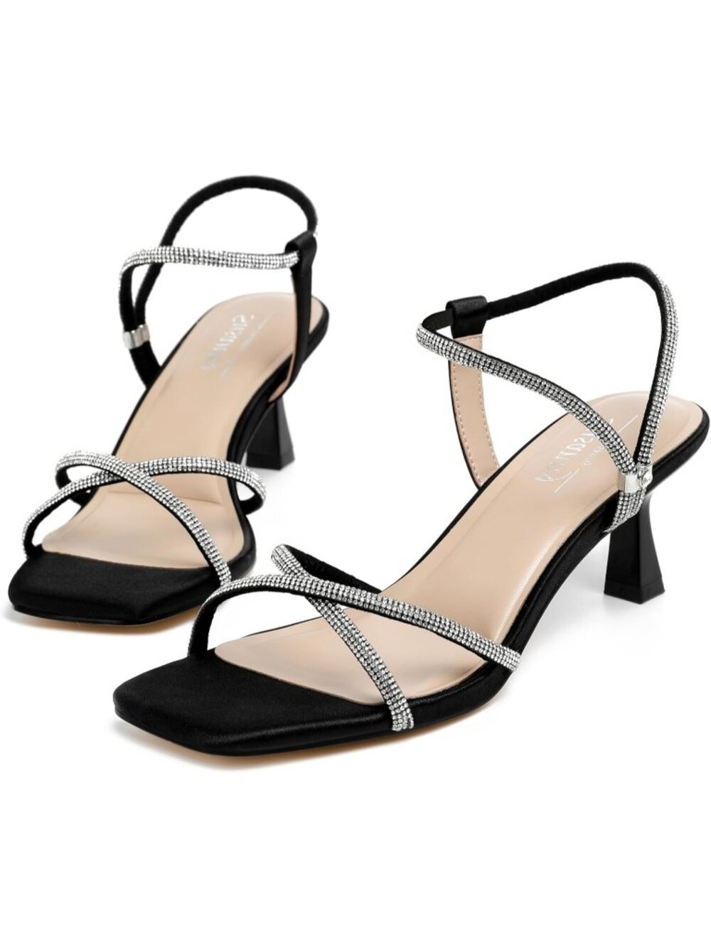 Women's Black Satin Rhinestone Open Toe Spool Slingback Kitten Heel Shoes